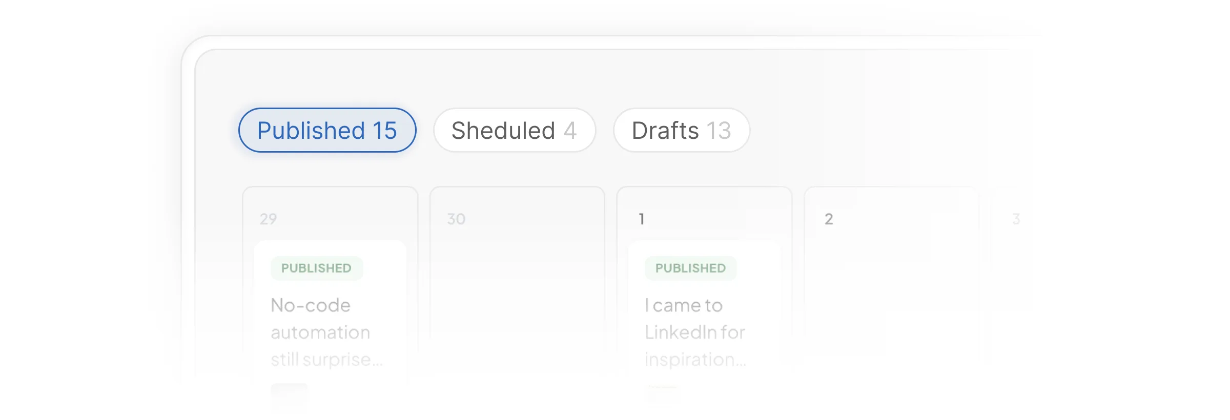 Content calendar with Published, Scheduled, and Draft posts